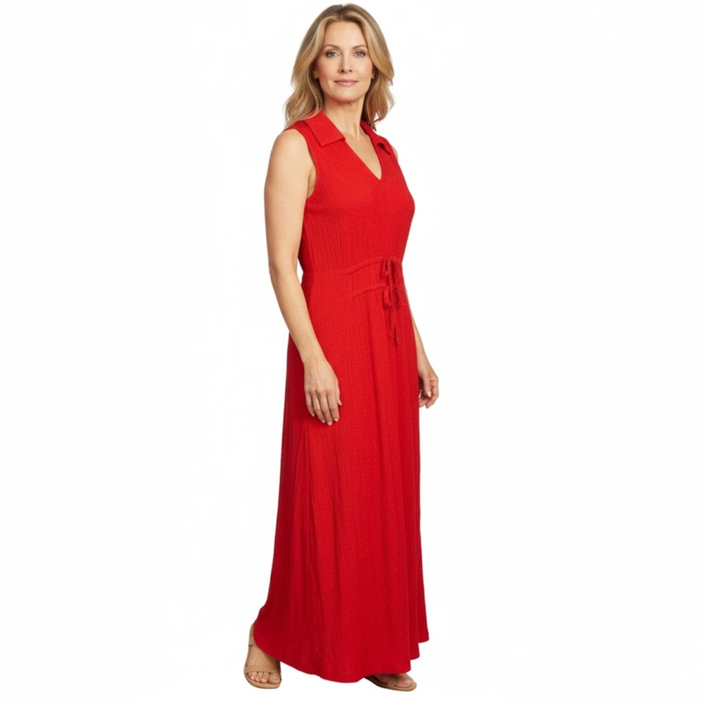 Nina Leonard‎ Johnny Collard Maxi Textured Crinkled Maxi Red Sleveless Dress, M